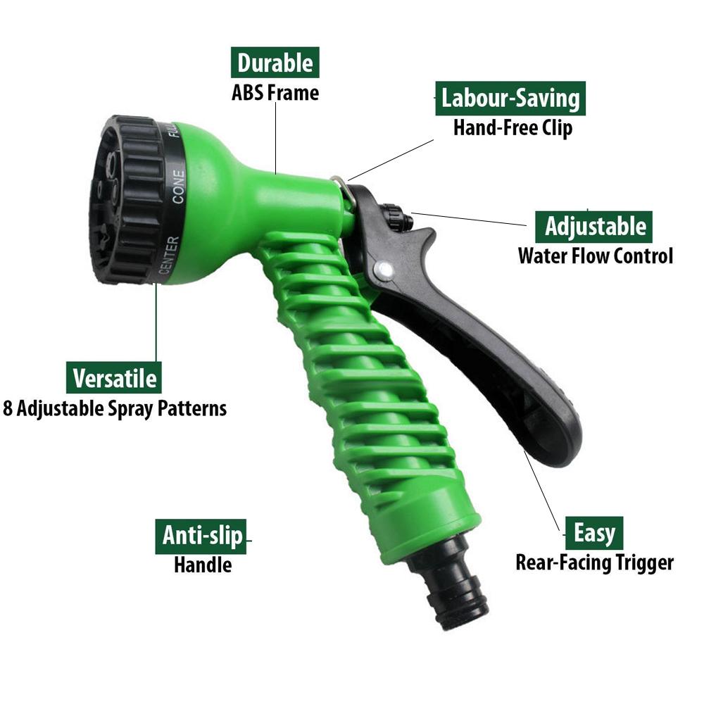 Plastic hose nozzle with multiple spray settings. Plastic hose nozzle with multiple spray settings.